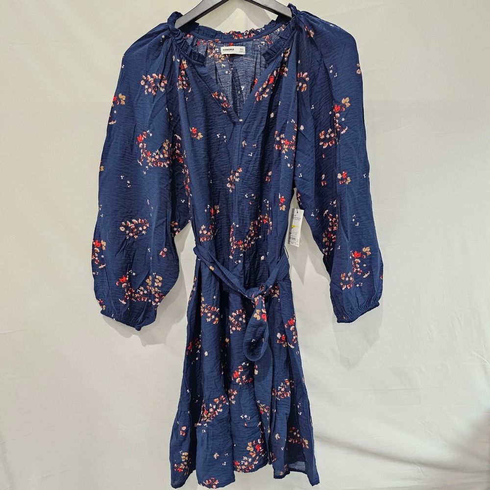 New Sonoma Goods For Life XXL Navy Blue Floral Long Sleeve Belted Dress NWT